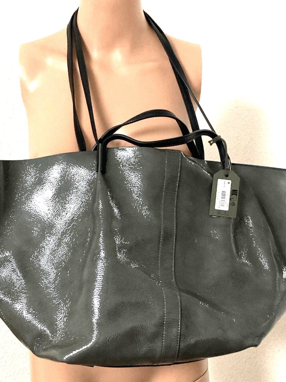 AllSaints Hannah E/W Tote Gray Patent Leather Black Handles NWT $299